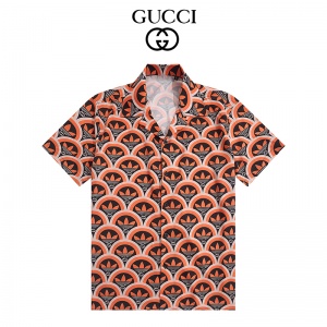 $32.00,Gucci Interlocking GG Logo Trefoil print Camp Collar Short Sleeve Shirt For Men # 257638